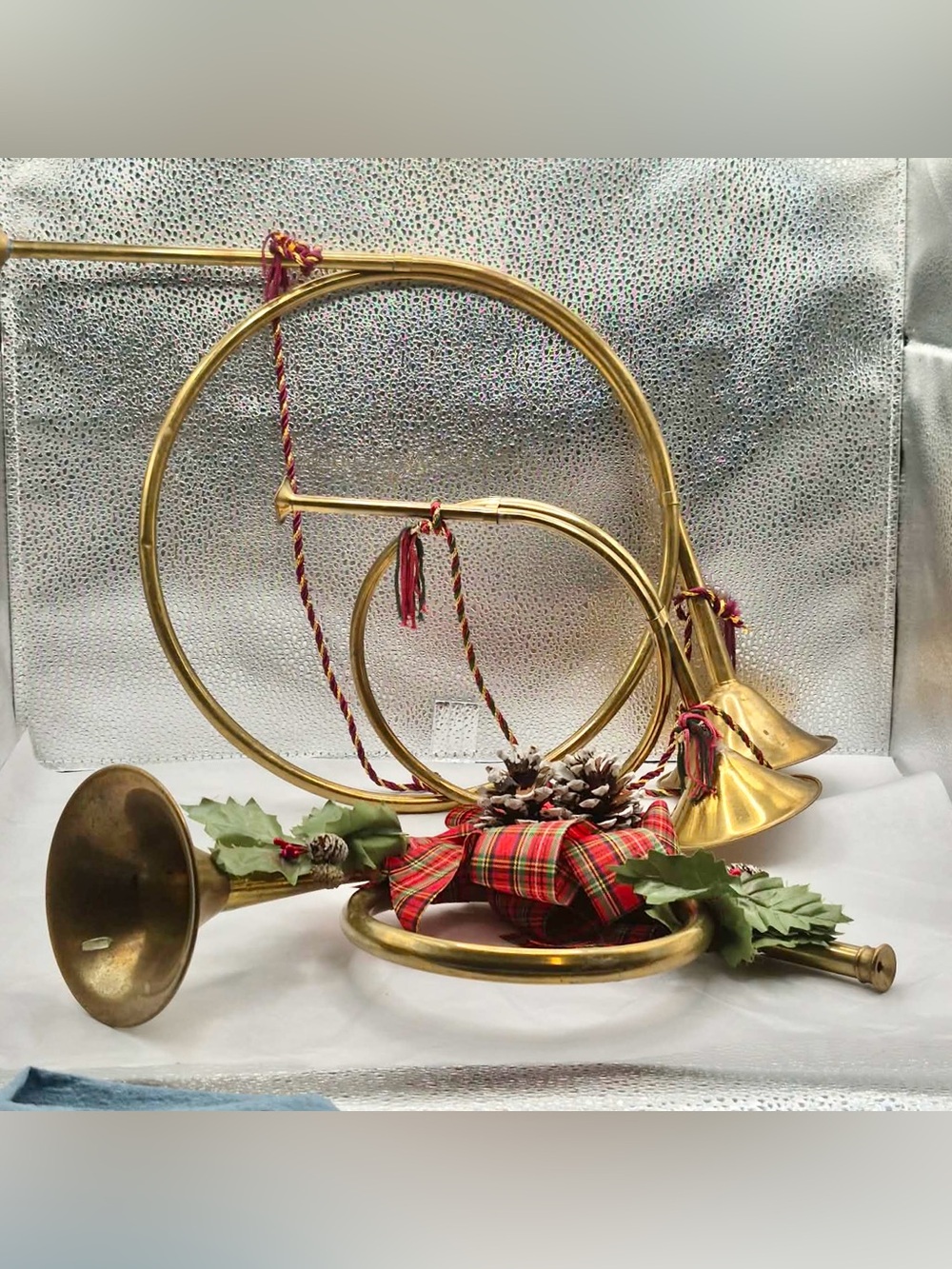 Vintage Brass French Horn Set - 3 Hunting Horns with Christmas Decor